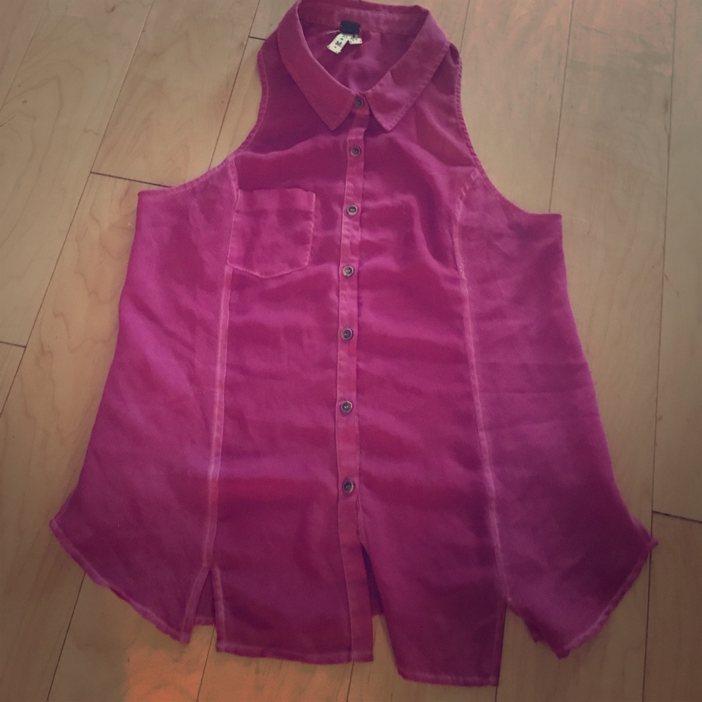 Free people semi sheer racer back collared blouse